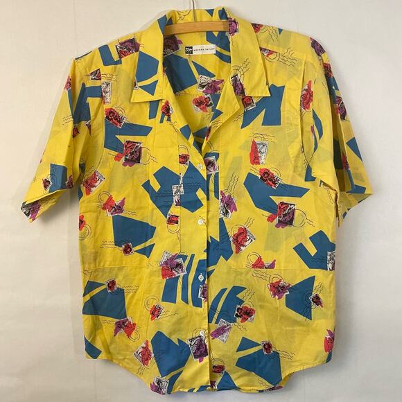 Fun Loud Yellow 80’s Short Sleeve Button Up Postal Stamp Shirt - Picture 1 of 7